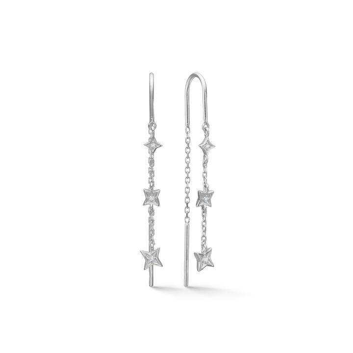 Silberohrringe mit Sternen und Kette in Vorderansicht, femininer Schmuck für Frauen