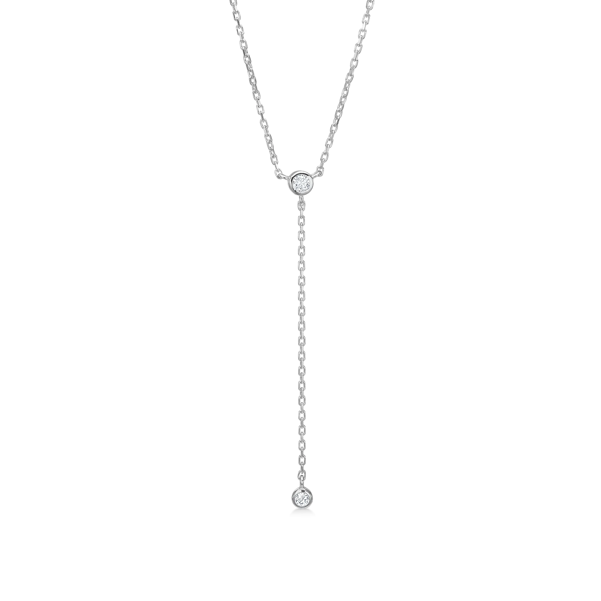 Silberne Halskette mit zwei runden Diamanten, Y-förmiges Design, Gesicht, eleganter Schmuck für Frauen