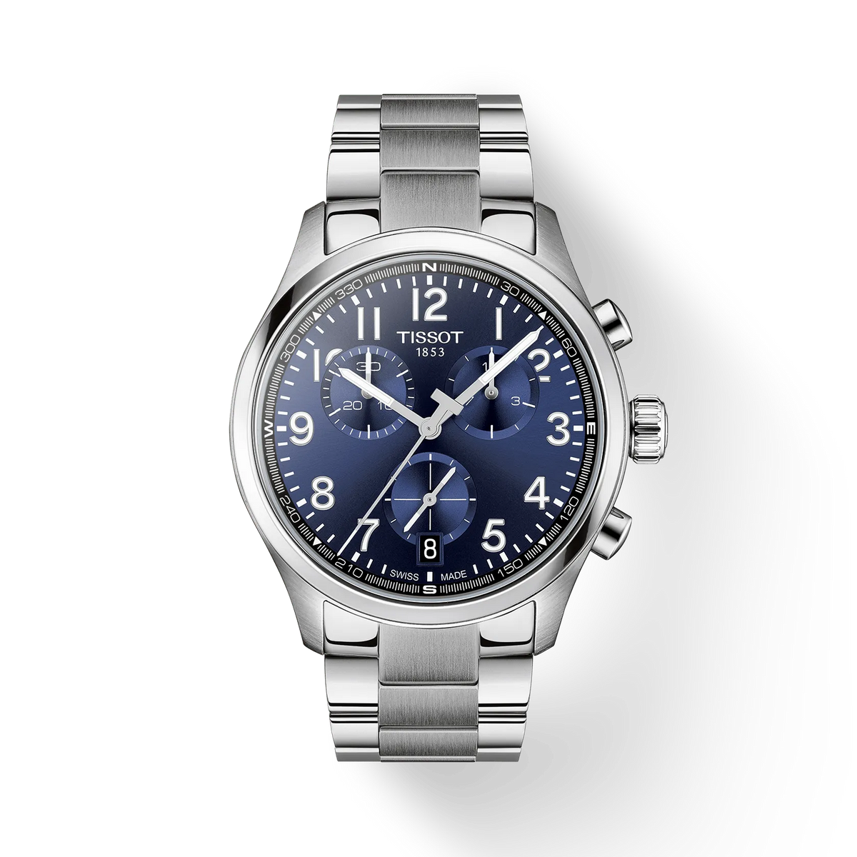 Tissot Chronograph viser ur i stål med blå urskive, sølvfarvet lænke og tydelige markeringer. Model T116-417-11-042-00.