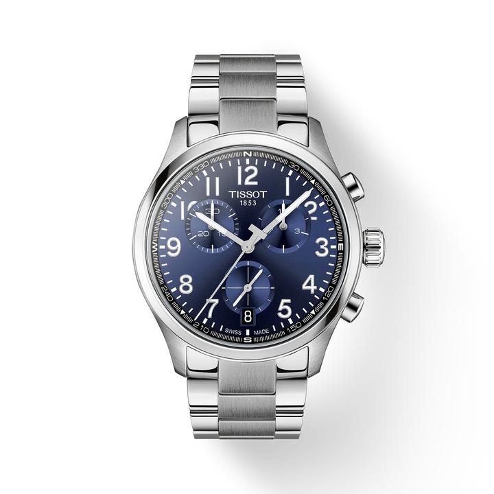 Tissot Chronograph viser ur i stål med blå urskive, sølvfarvet lænke og tydelige markeringer. Model T116-417-11-042-00.