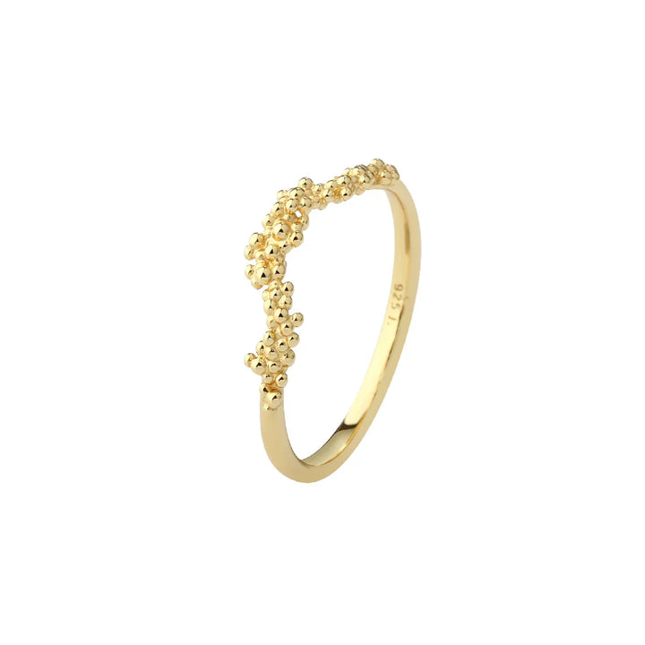 Goldring mit kleinen Kugeldetails, Vorderansicht, elegantes und stilvolles Design