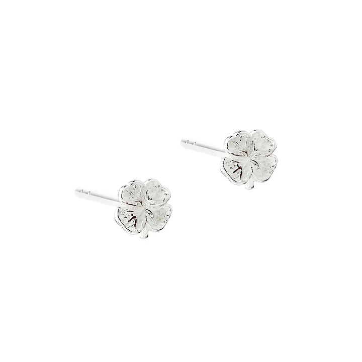 Silberne Ohrstecker in Form eines vierblättrigen Kleeblatts, Vorderansicht, schlichter und femininer Stil
