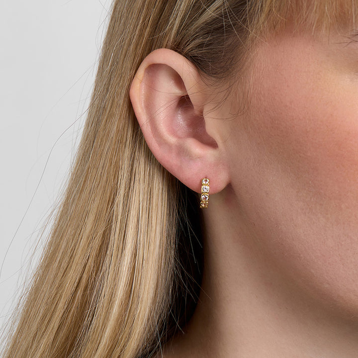 7217956_1M guldfarvet ørering med tre funklende sten bæres på øret. Model 7217956_1M