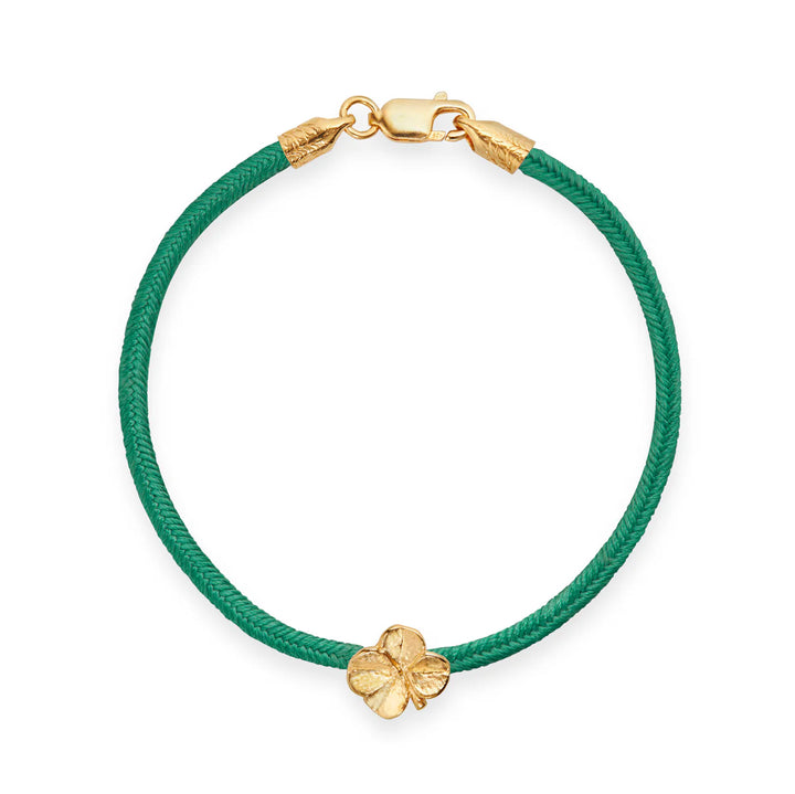 Flora Danica Seidenarmband mit vierblättrigem Kleeblatt, Dunkelgrün – Vergoldet