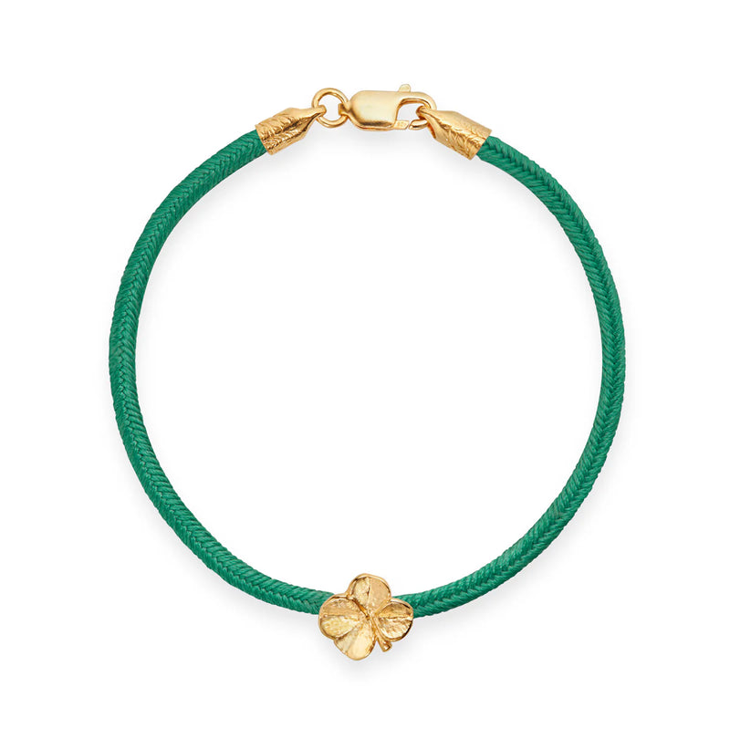 Flora Danica Seidenarmband mit vierblättrigem Kleeblatt, Dunkelgrün – Vergoldet