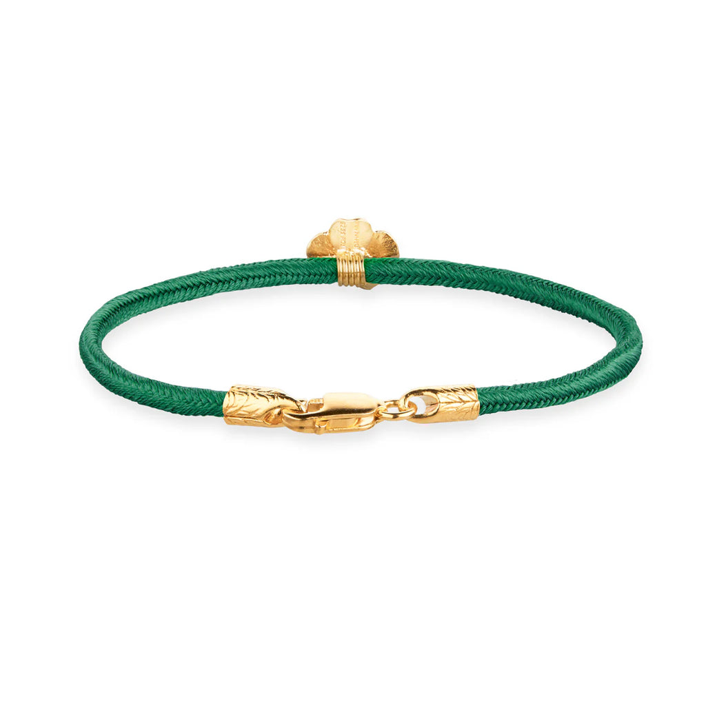 Flora Danica Seidenarmband mit vierblättrigem Kleeblatt, Dunkelgrün – Vergoldet