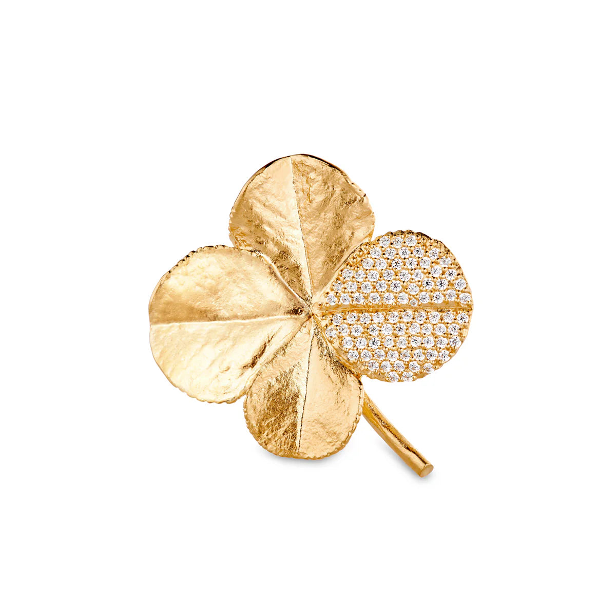Flora Danica – Vierblättriges Kleeblatt-Brosche mit Pavé-Vergoldung
