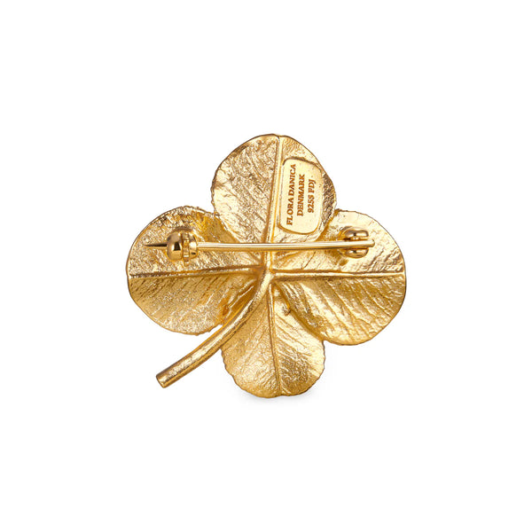 Flora Danica – Vierblättriges Kleeblatt-Brosche mit Pavé-Vergoldung
