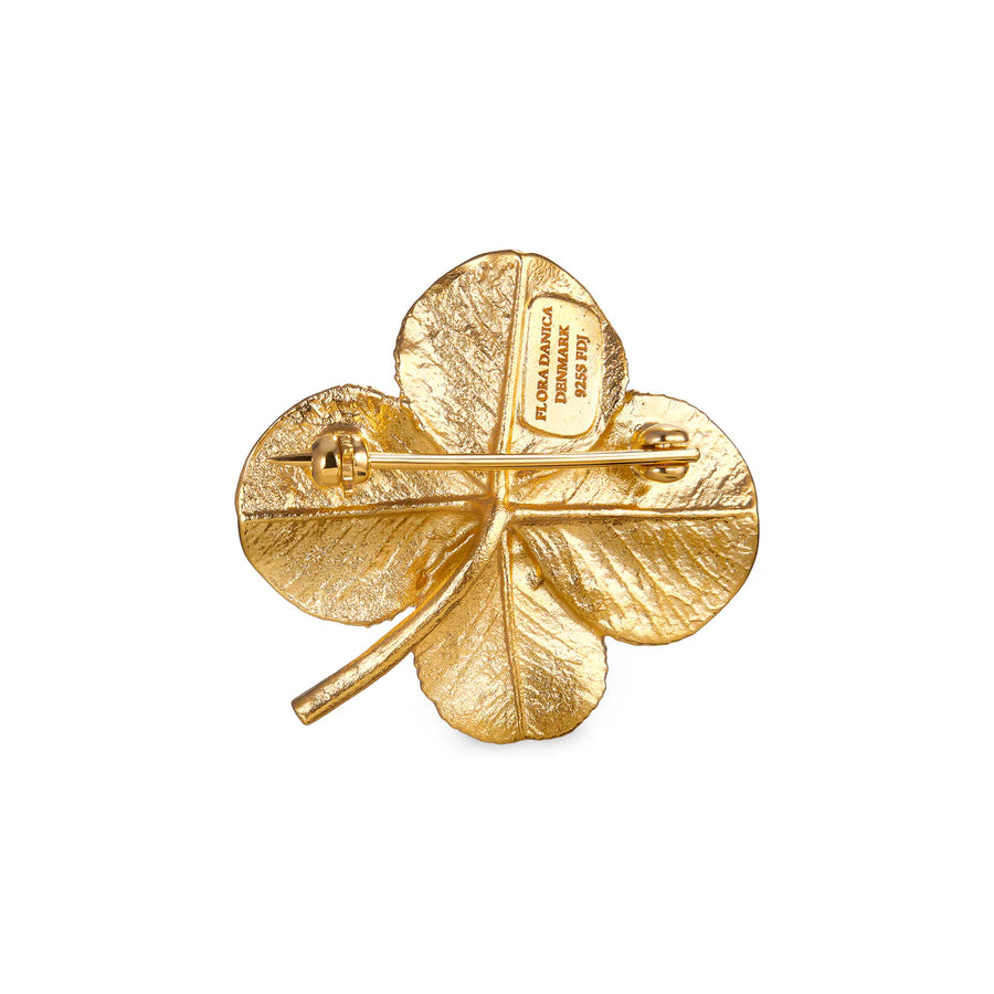 Flora Danica – Vierblättriges Kleeblatt-Brosche mit Pavé-Vergoldung