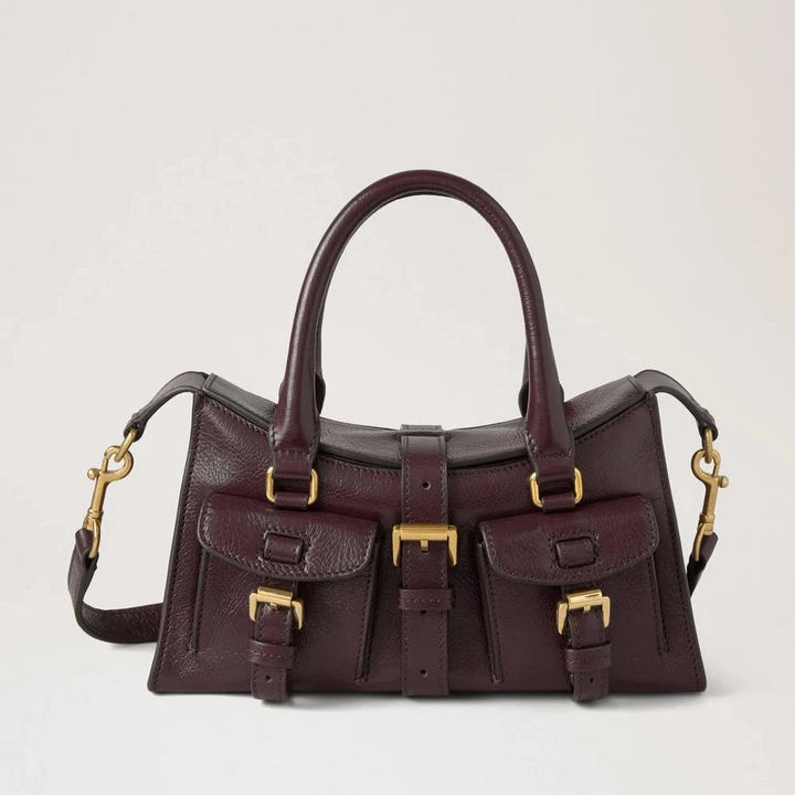 Mulberry Amberley Satchel i mørkerødt læder med gyldne spænder, dobbelthanke og lommer. Model 748K195
