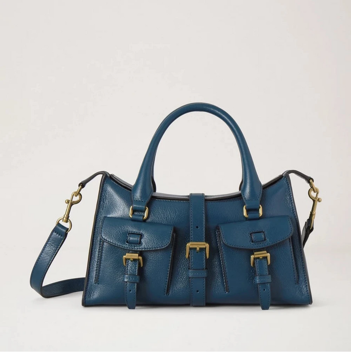 Mulberry Amberley Satchel i blå læder med guldspænder, to udvendige lommer og skulderrem. Model G_HH9977_748U939