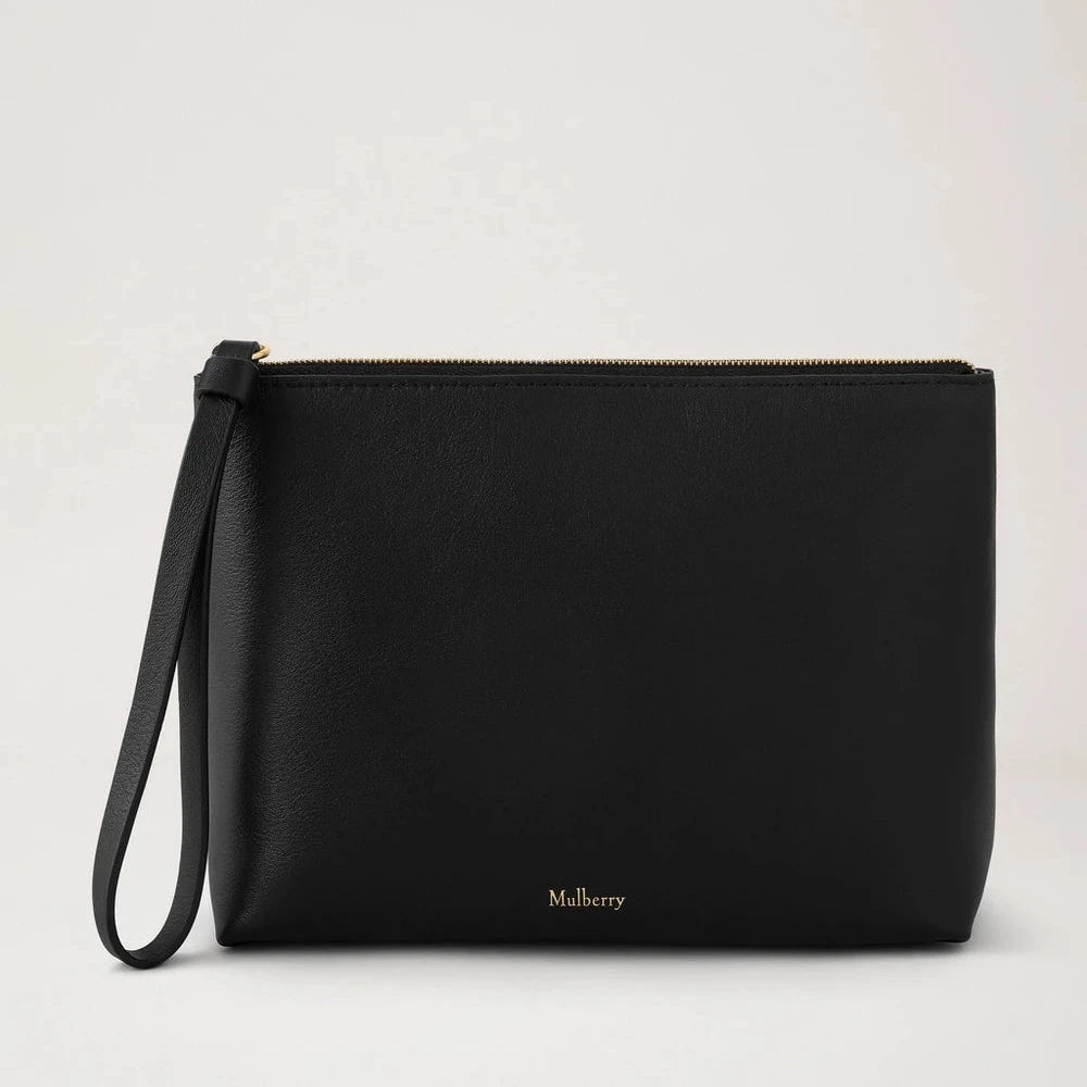 Mulberry Kosmetiktasche mit Reißverschluss, Schwarz, geschmeidiges Glattleder 