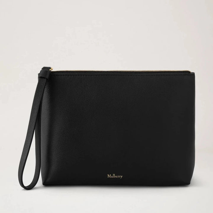 Mulberry Kosmetiktasche mit Reißverschluss, Schwarz, geschmeidiges Glattleder 