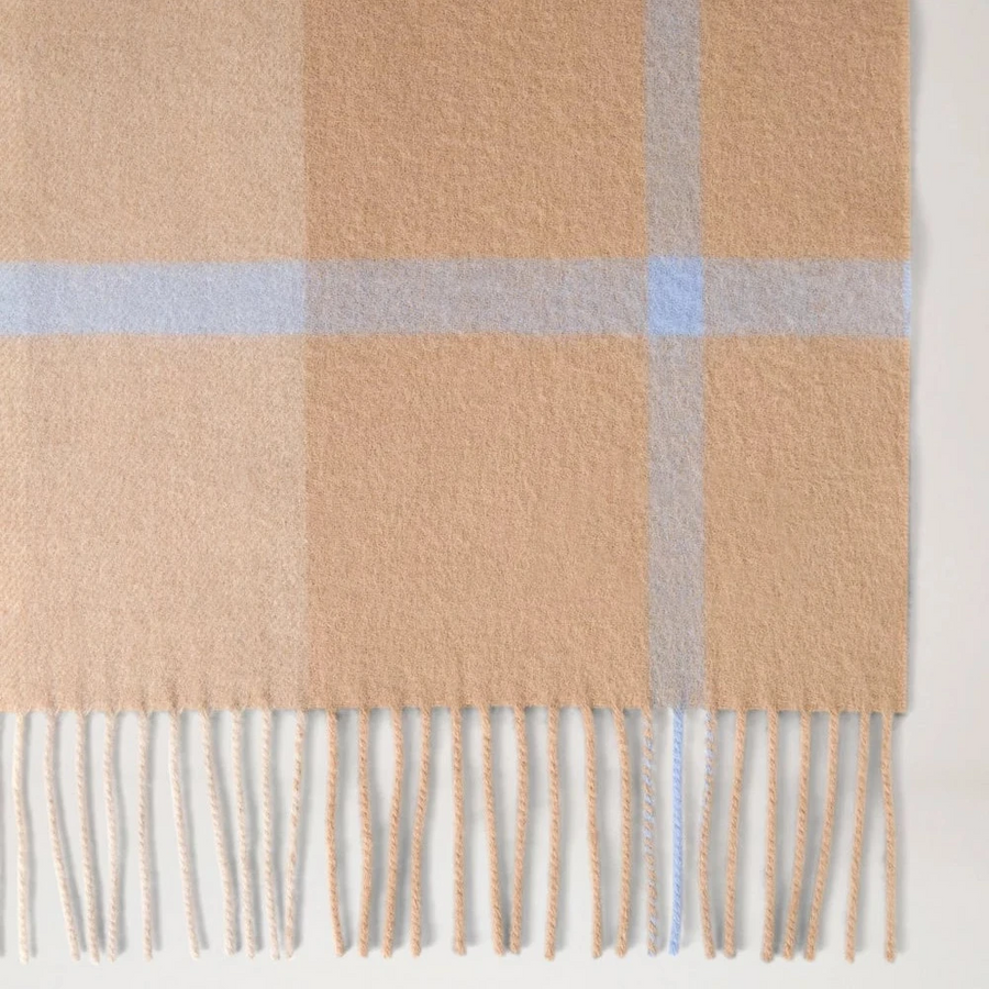 Mulberry Kleiner karierter Schal aus Merinowolle in Kamel- und Popelineblau