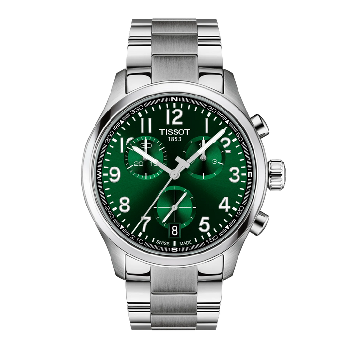Tissot T1164171109200 ur med grøn urskive, kronograf og stållænke, model T1164171109200.