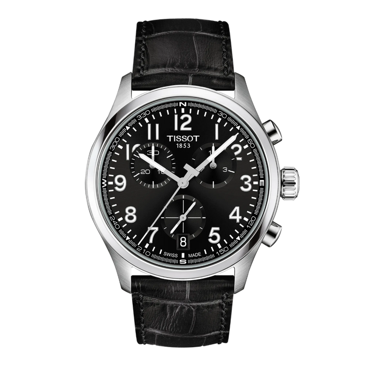 Tissot T1164171605200 herreur med sort urskive, kronograf og sort læderrem. Model T1164171605200.
