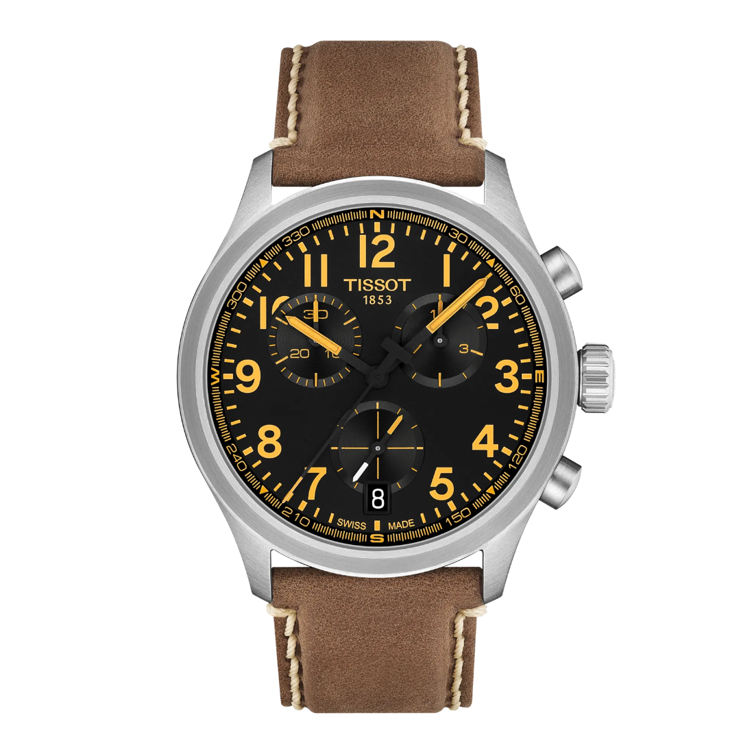Tissot T116.417.16.052.01 herreur med sort urskive, gule detaljer og brun læderrem. Model T1164171605201.