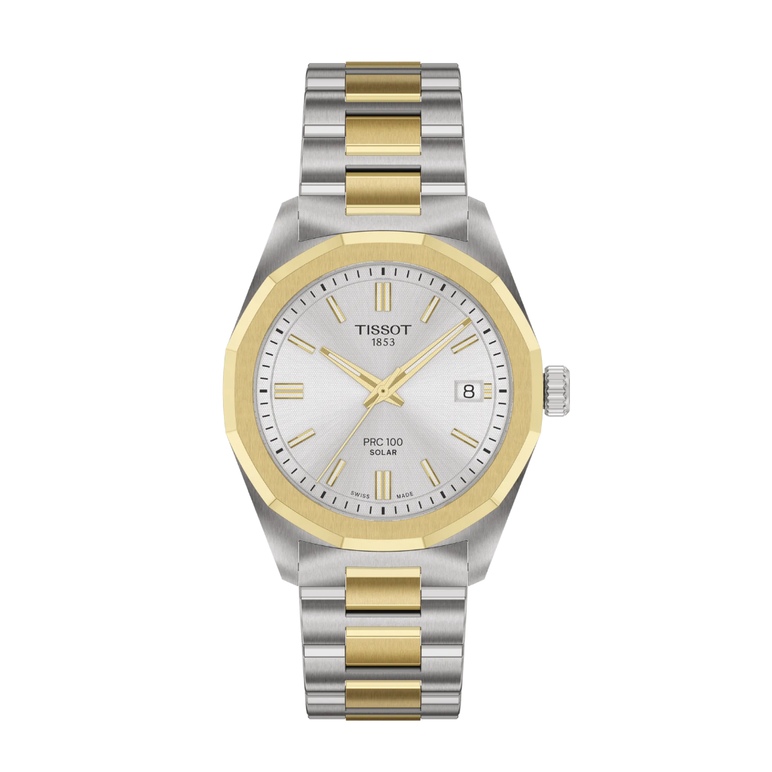 Tissot PRC 100 Solar armbåndsur i sølv og guld med stållænke, hvid urskive og datovisning. Model T1518222203100