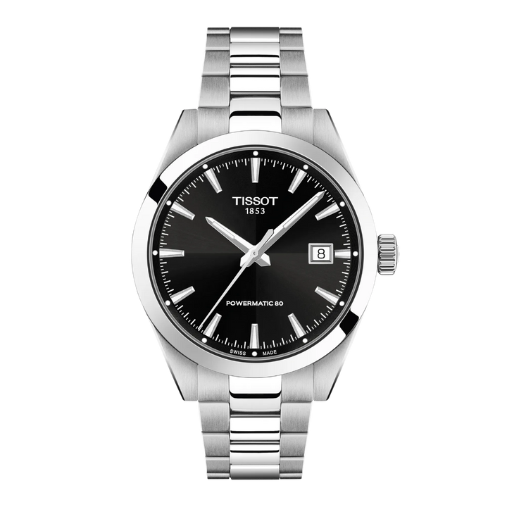 Tissot Powermatic 80 herreur med sort urskive og stålrem, klassisk design. ModelT1658071105100