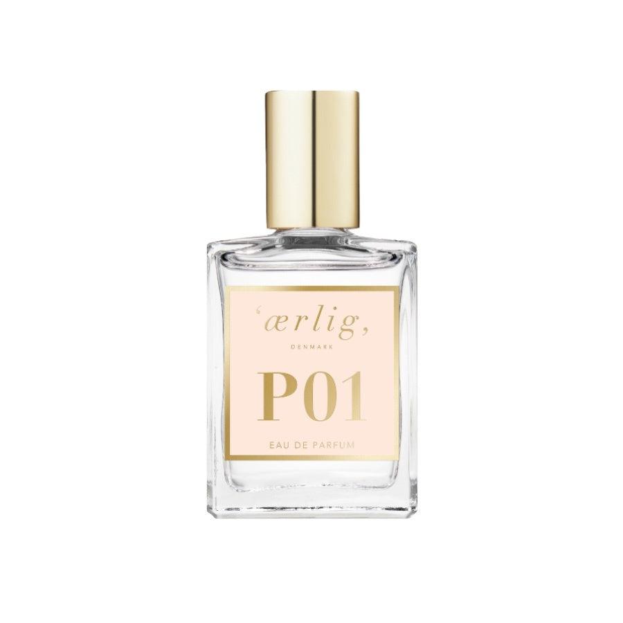 ærlig Eau de Parfum P01 – 15 ml, elegante quadratische Flasche mit goldenem Verschluss und hellem Etikett. Modell P01-15ml-p01-t-1