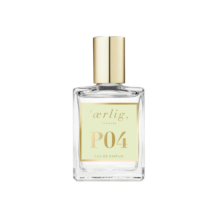 ærlig Eau de Parfum P04-15ml zeigt eine quadratische Parfümflasche mit goldenem Deckel, Modell P04-15ml