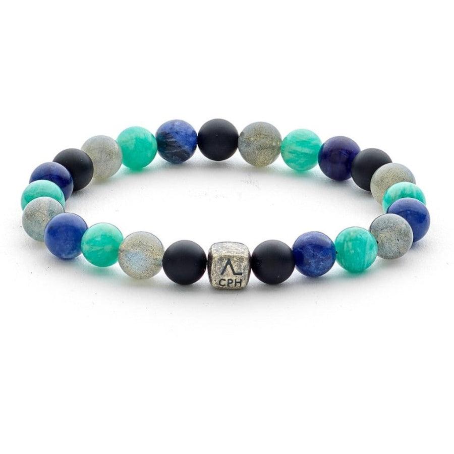 Alexander Lynggaard Armband Amsterdam 8 mm mit blauen, grünen und grauen Perlen und Silberdetails. Modell c10373-001-1.