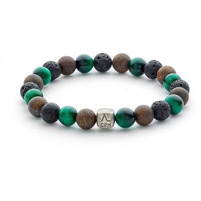 Alexander Lynggaard Armband Helsinki 8 mm mit grünen, braunen und schwarzen Perlen und Silberdetails, Modell c10470-001-1.