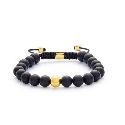 alexander-lynggaard-bracelet-onyx-matte-braided-8mm-b00083-001 elegantes schwarzes Armband mit matten Onyxperlen, goldenen Details und verstellbarem Geflecht, Modell B00083-001