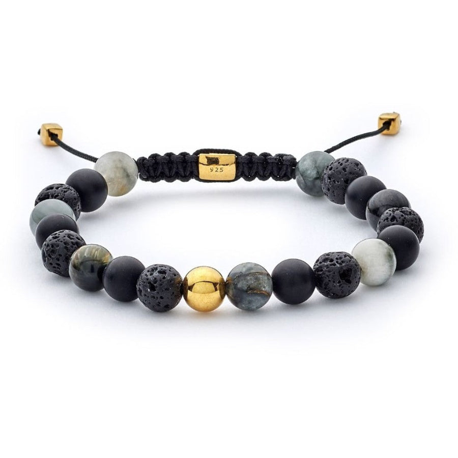 alexander-lynggaard-armband-stockholm-braided-8mm-b00143-1 zeigt geflochtenes Armband mit schwarzen, grauen und goldfarbenen Perlen. Modell B00143-1.