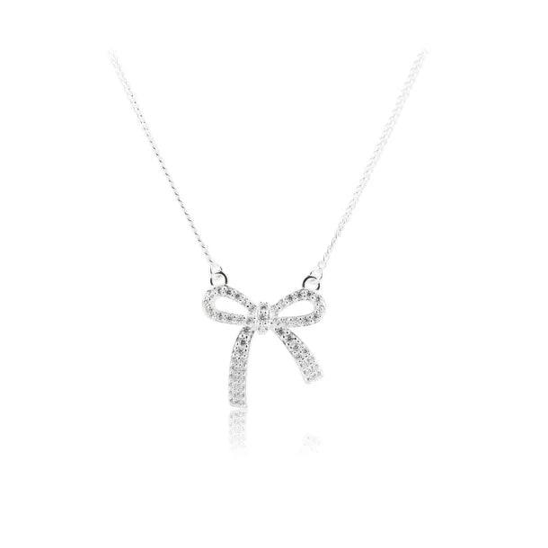 Aqua Dulce Elegant Bow Necklace Silver, schlichte Kette mit funkelndem Schleifenanhänger in Silber. Modell 5816-1