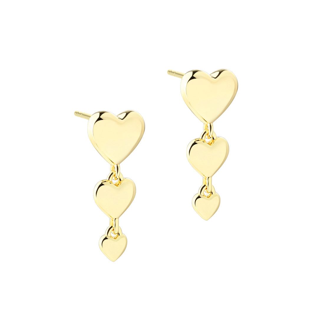 Aqua Dulce Karla and Me Long Ohrringe zeigen goldene Ohrringe mit drei Herzgliedern. Modell 6422-1