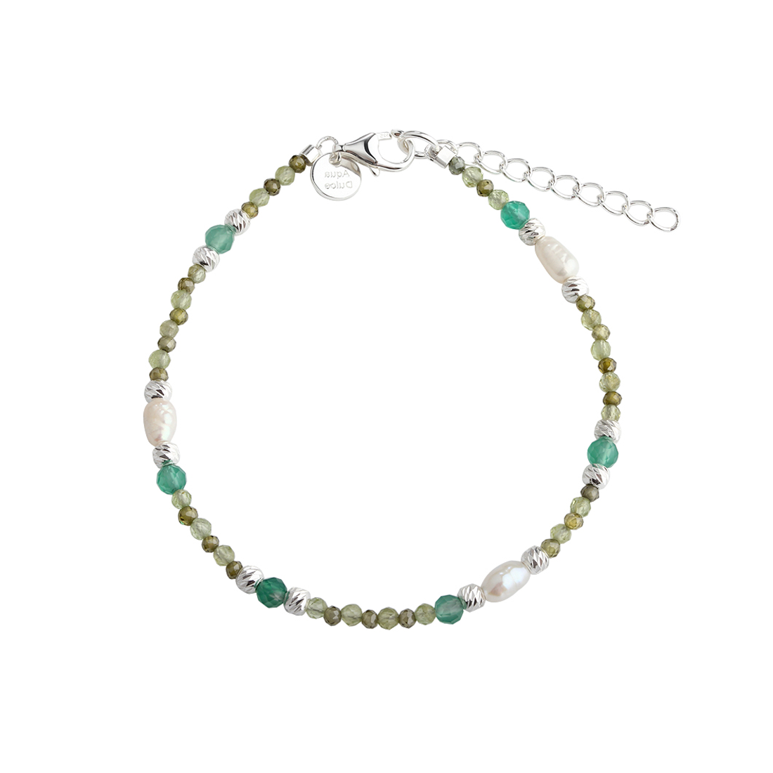 Aqua Dulce Verde Schlichtes Armband aus Silber mit grünen und weißen Perlen, verstellbare Kette. Modell 6704-1
