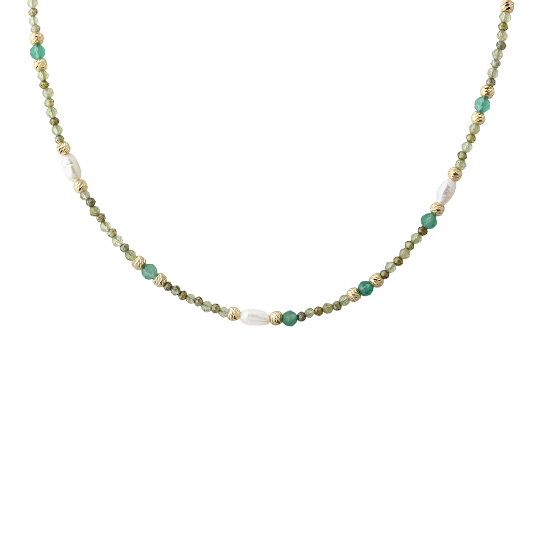 Aqua Dulce Verde Schlichte Halskette vergoldet mit grünen Perlen, goldenen Details und weißen Süßwasserperlen. Modell 6707-1