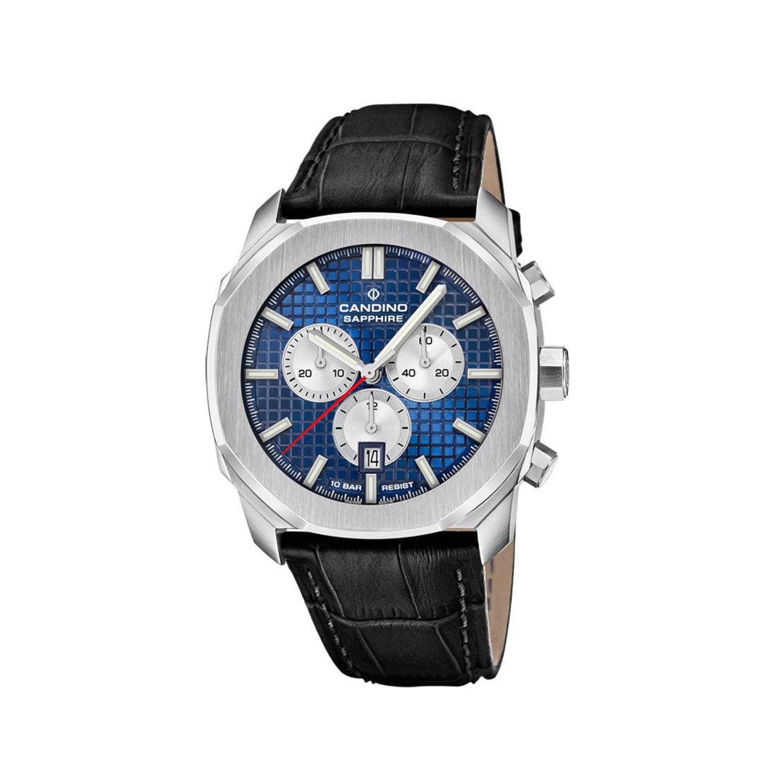 Candino Herrenuhr Gents Sport Chronograph mit blauem Zifferblatt, silbernen Details und schwarzem Lederarmband. Modell C47471.