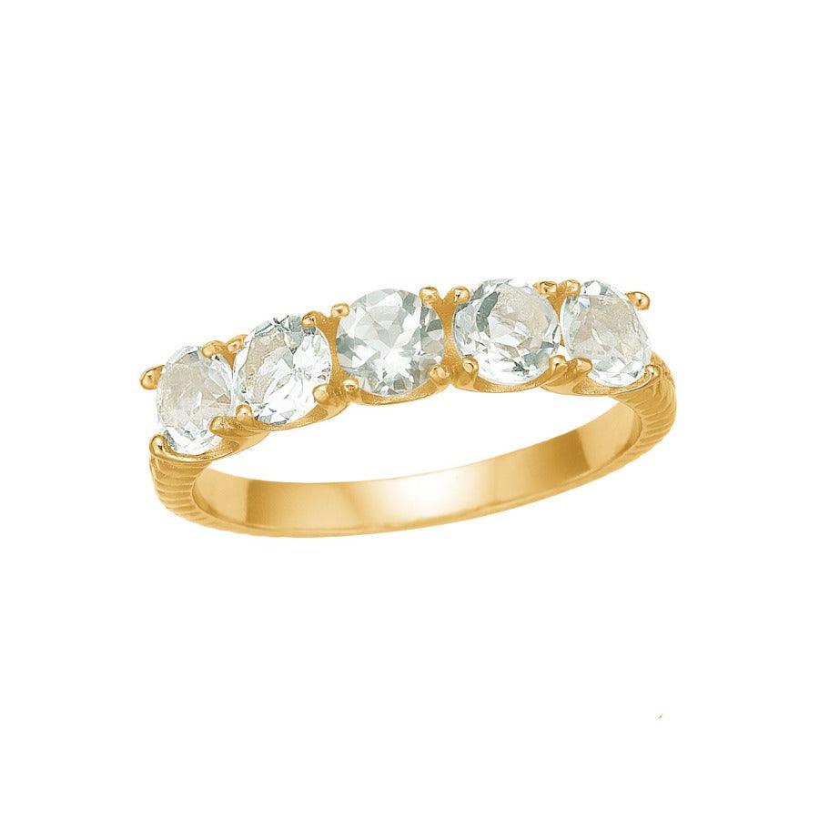 Carre-Ring mit Prasiolith, eleganter Goldring mit fünf klaren Prasiolith-Steinen in einer Reihe, Modell fr4450prs-001