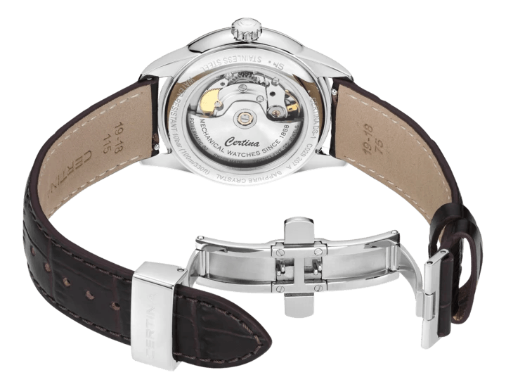 Certina DS-1 38 mm grünes Zifferblatt Powermatic 80 mit braunem Lederarmband und transparentem Gehäuseboden, Modell C0292071609100