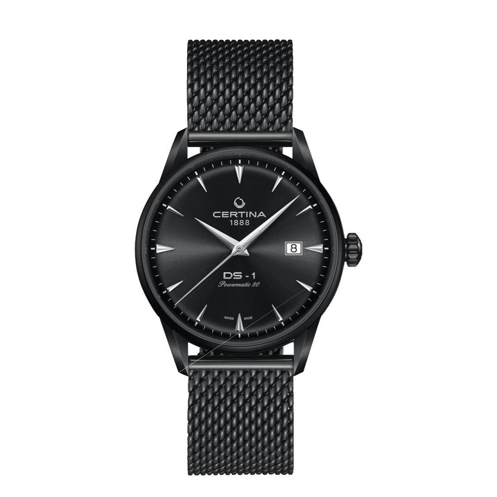 Certina DS-1 Automatik mit schwarzer PVD-Beschichtung, schwarzem Mesh-Armband und schwarzem Zifferblatt. Modell C0298073305100