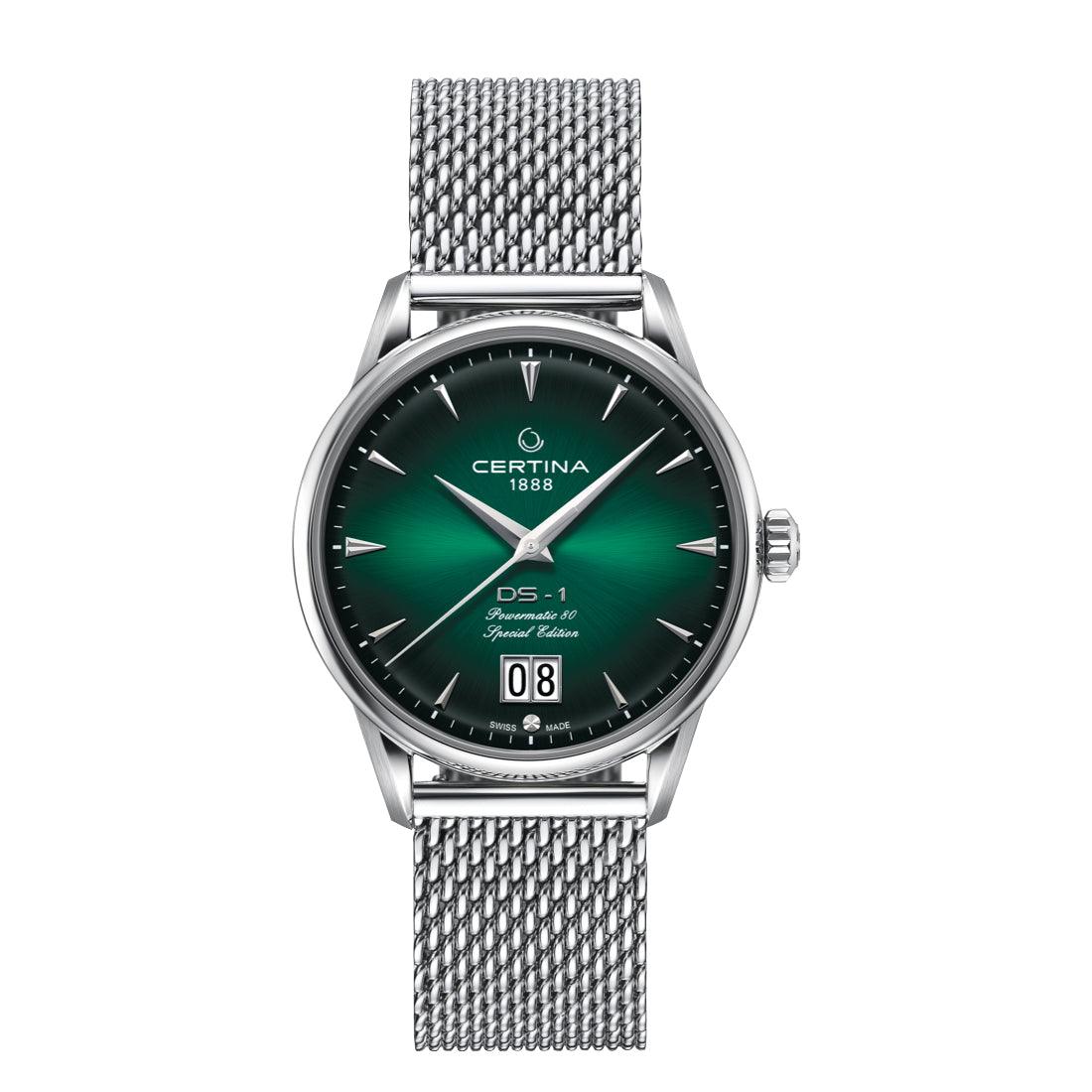 Certina DS-1 Big Date, grünes Zifferblatt mit silbernem Mesh-Armband, klassische Herrenuhr. Modell C0294261109160