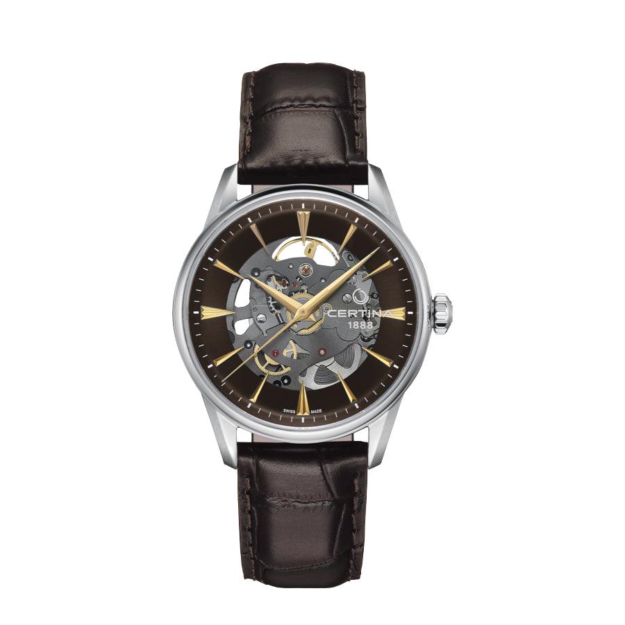 Certina DS-1 Skeleton C0299071608100 mit braunem Lederarmband und offenem Zifferblatt in Silber und Gold. Modell C0299071608100