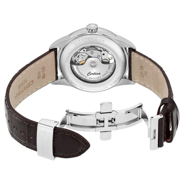 Certina DS-1 Skeleton zeigt die Rückseite mit Automatikwerk, braunem Lederarmband und Faltschließe.