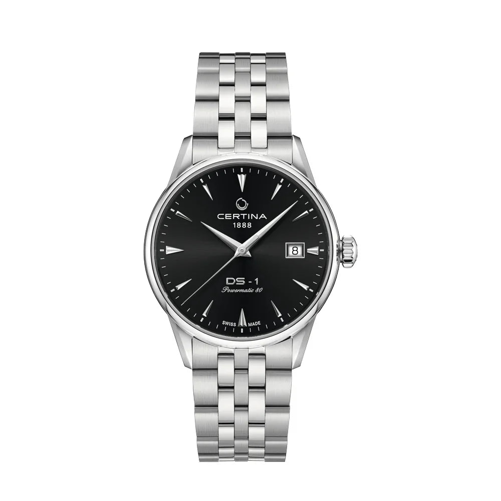 Certina DS-1 schwarzes Zifferblatt mit Datum und Stahlkette, elegante Herrenuhr, Modell C0292071105100