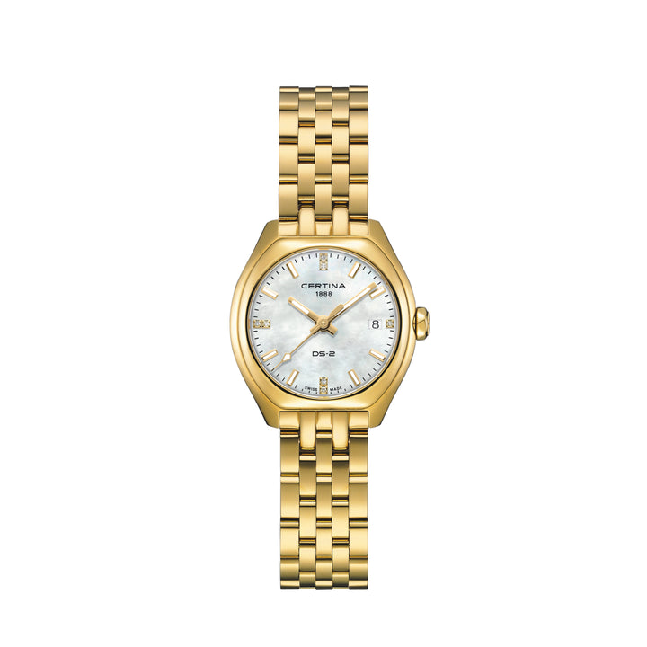 Certina DS-2 Lady Quartz Gold PVD Damenuhr mit weißem Perlmuttzifferblatt und Datumsanzeige. Modell C0492103311600