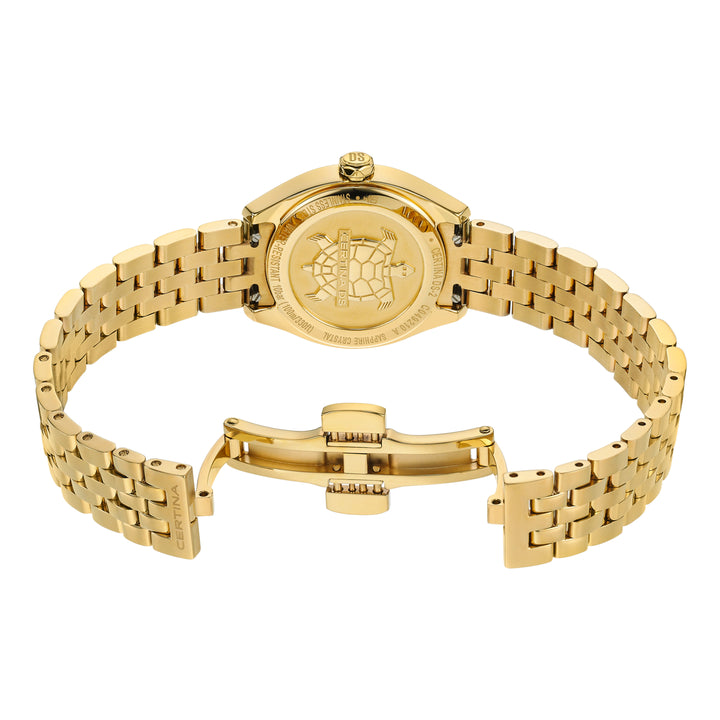 Certina DS-2 Lady Quartz Gold PVD zeigt den Gehäuseboden und die elegante Goldkette. Modell C0492103311600