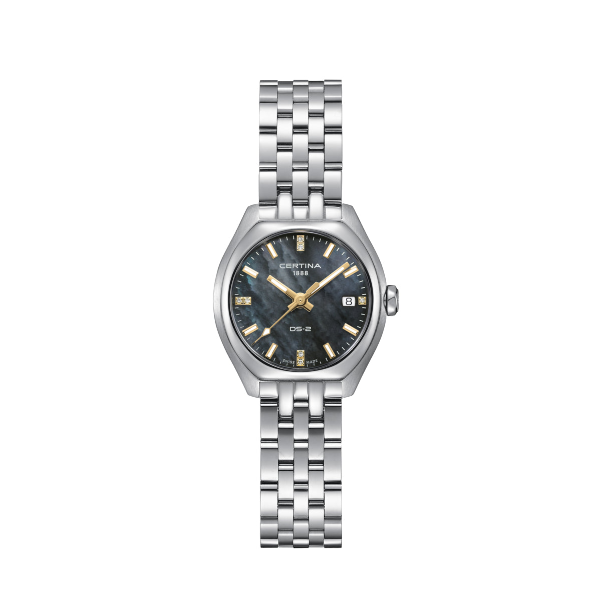 Certina DS-2 Lady Steel mit Kette zeigt eine elegante Damenuhr aus Stahl mit schwarzem Perlmuttzifferblatt, Modell C0492101112601.