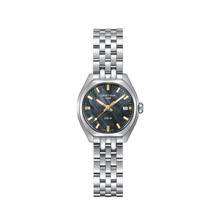 Certina DS-2 Lady Steel mit Kette zeigt eine elegante Damenuhr aus Stahl mit schwarzem Perlmuttzifferblatt, Modell C0492101112601.