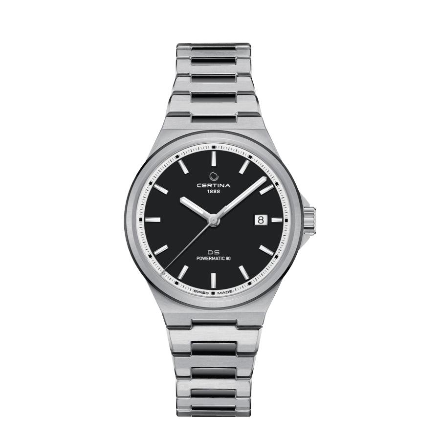 Certina DS-7 Powermatic 80, anthrazitfarbene PVD-Beschichtung, 39 mm, Herrenuhr mit schwarzem Zifferblatt und Stahlkette. Modell C0434072206100