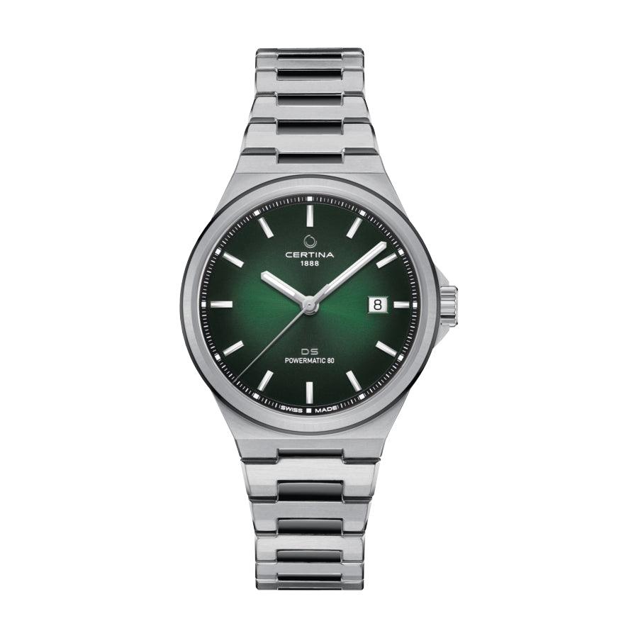 Certina DS-7 Powermatic 80 grüne PVD-Beschichtung 39 mm zeigt eine klassische Armbanduhr mit grünem Zifferblatt und Stahlkette. Modell C0434072209100