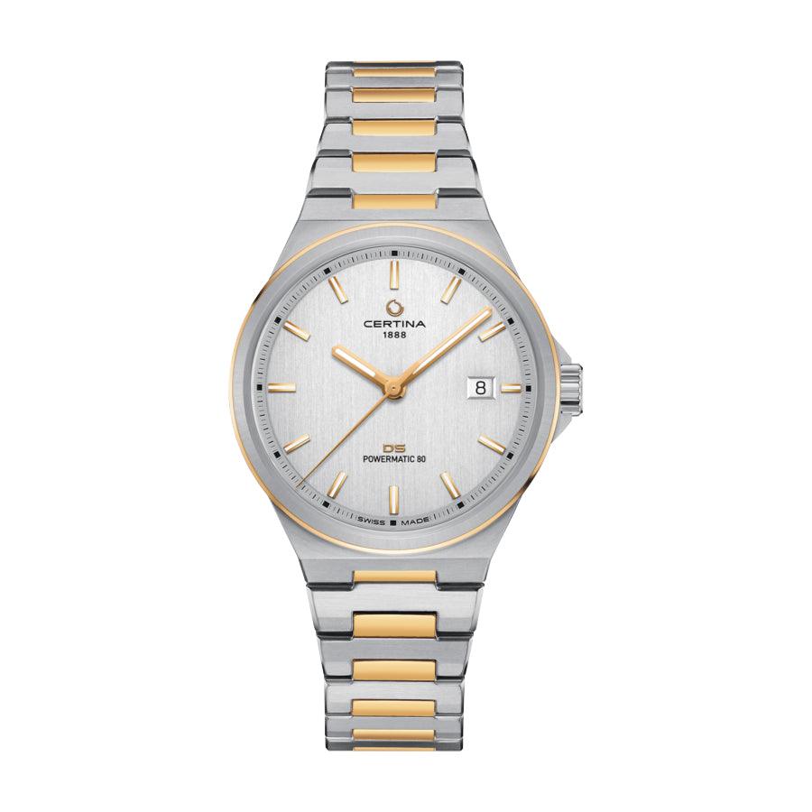 Certina DS-7 Powermatic 80 silberfarbene Uhr mit PVD-Beschichtung und goldfarbenen Details, Modell C0434072203100