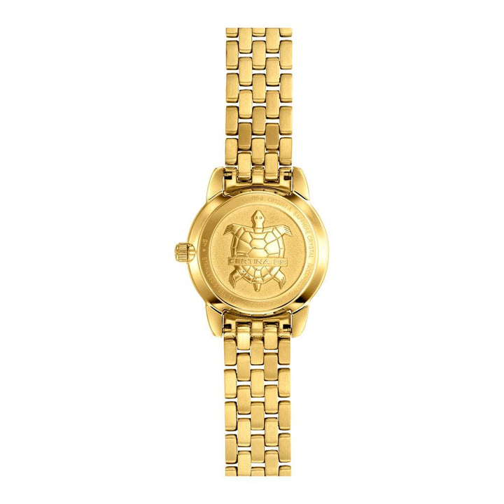 Certina DS-8 Damenuhr aus PVD-gefärbtem Gold, die Rückseite der goldenen Uhr zeigt ein Schildkrötenmotiv. Modell C0330513311800