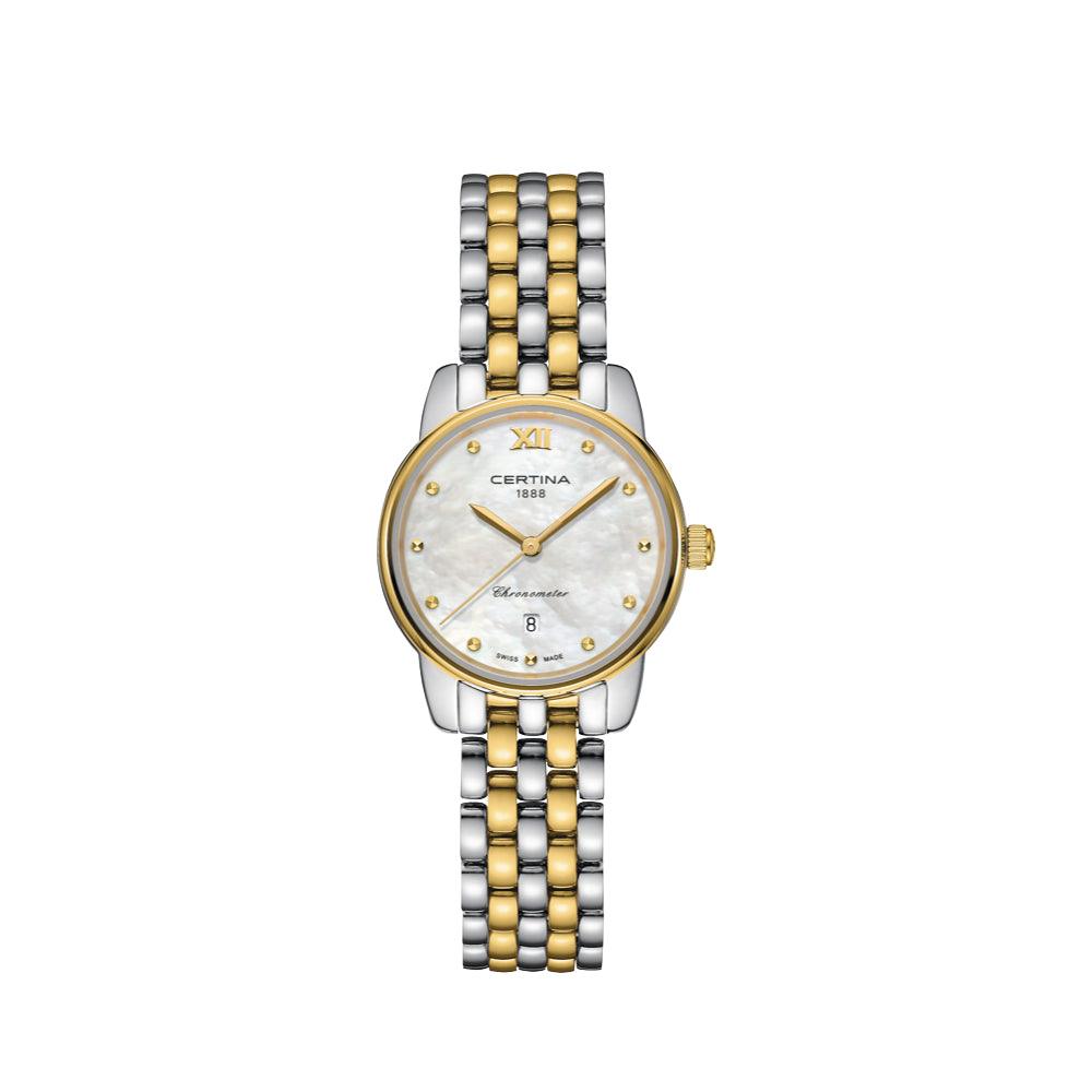 Certina DS-8 Damenuhr mit Perlmuttzifferblatt, zweifarbigem Armband und goldfarbenen Details. Modell C0330512211801.